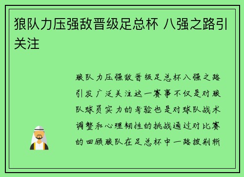 狼队力压强敌晋级足总杯 八强之路引关注